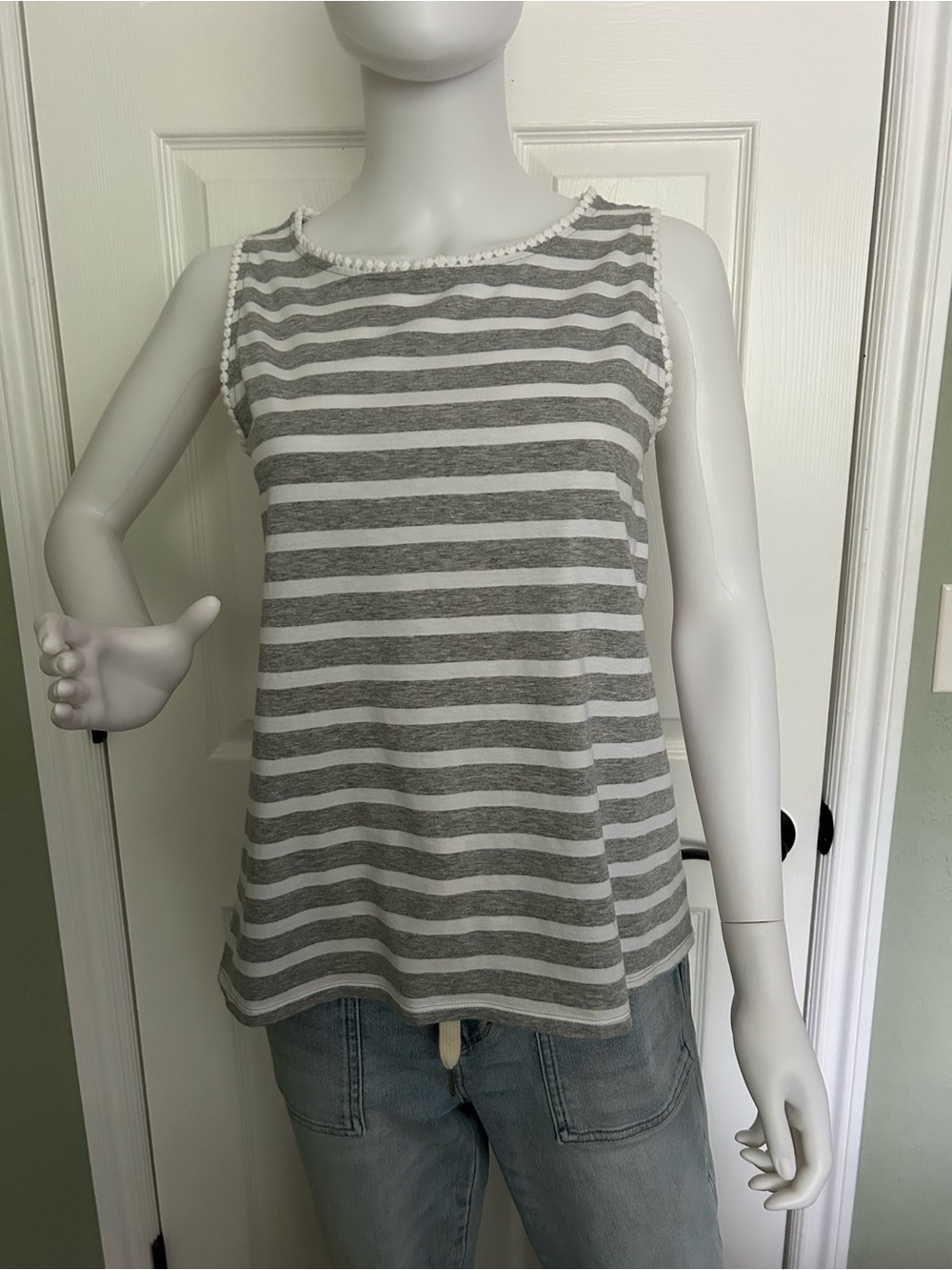 LOFT Gray & White Striped Crochet-Trim Tank